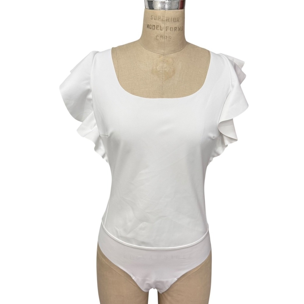 NEW Commando White Bonded Ruffle Sleeve Bodysuit Womens L Full Seat BDS153